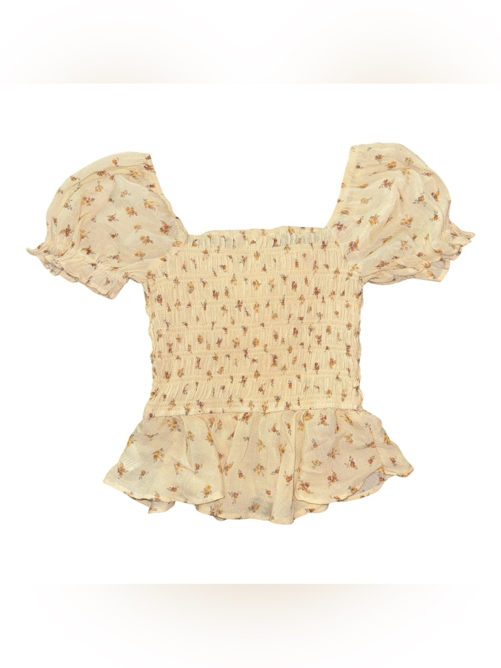 Trixxi Cream Floral Smocked Peplum 3 Bow Puff Sleeve Cottage-core Casual Blouse - Picture 2 of 4